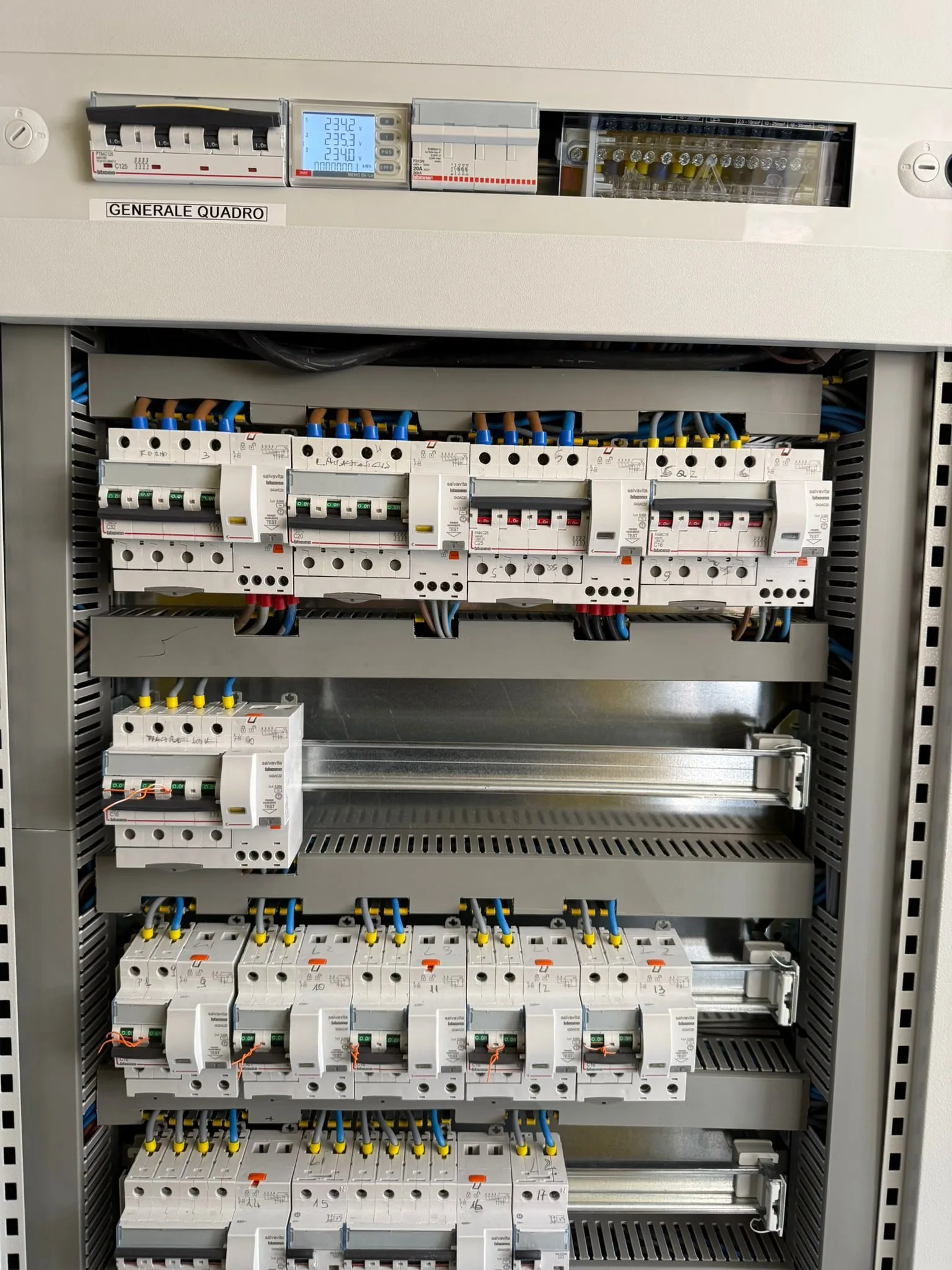 Quadro elettrico BTicino moderno con multimetro e interruttori differenziali